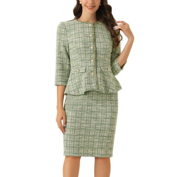 INSPIRE CHIC Women's 2 Piece Tweed Suit Button Down 3/4 Sleeve Jacket Pencil Skirt Set XS Green