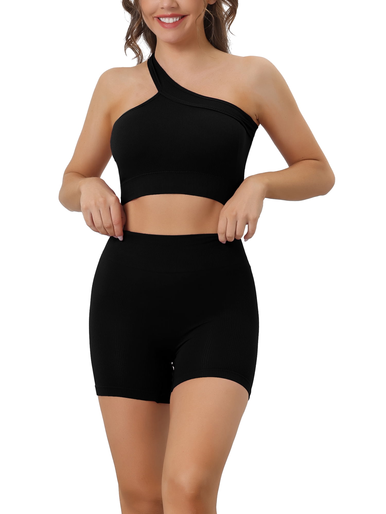 ABOCIW Women's 2 Piece Workout Set - Color Block Sports Bra & High Waist Shorts, Gym Yoga Pilates Outfit
