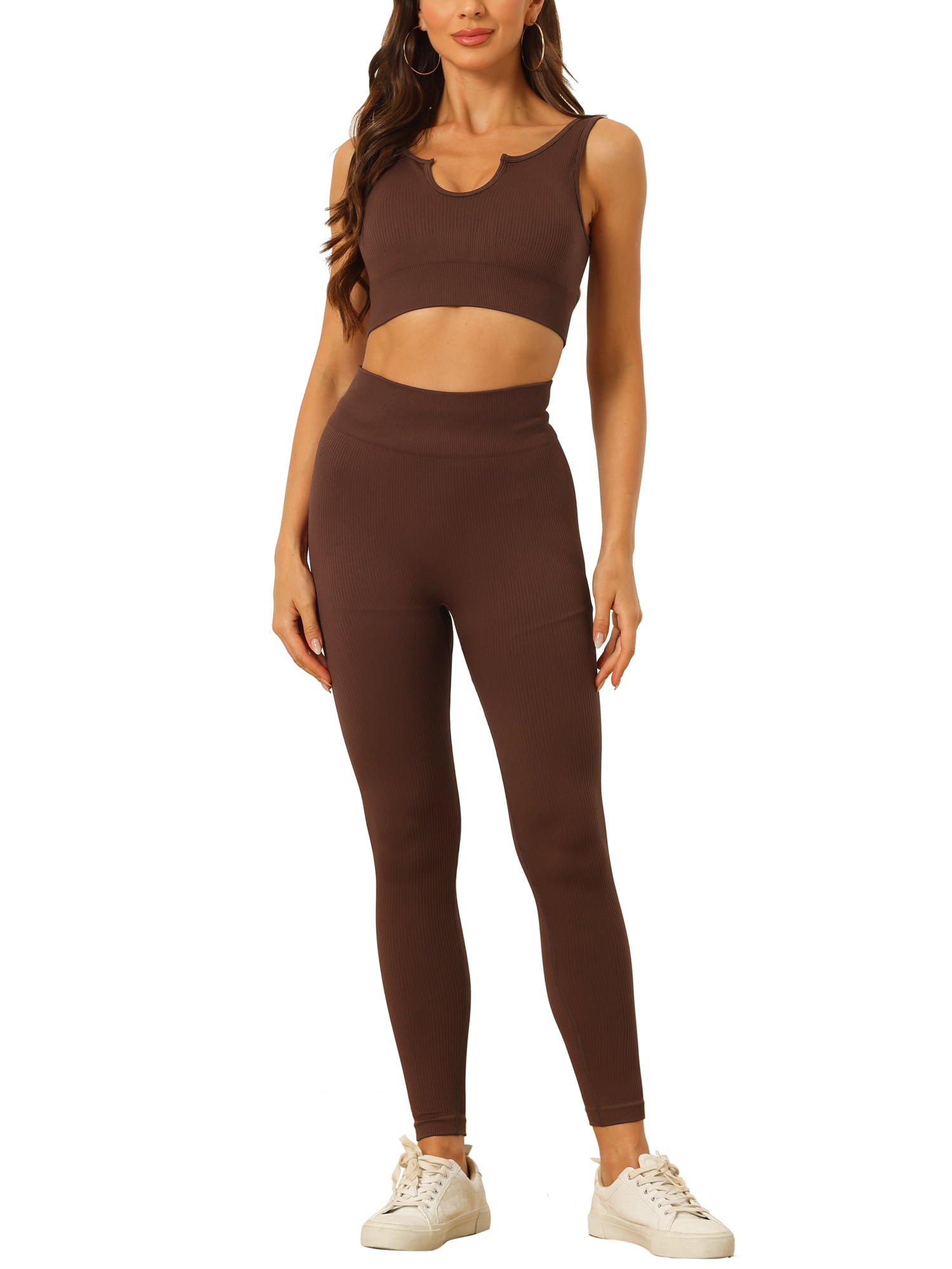 Allegra K Women's 2 Piece Workout Sets Seamless Ribbed Sports Bra High ...