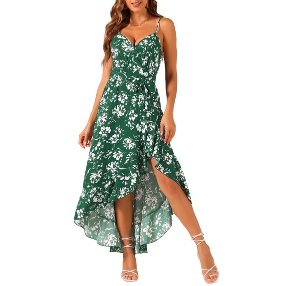 INSPIRE CHIC Women's 2024 Summer Spaghetti Strap Wrap V Neck Ruffle High Low Hem Sleeveless Floral Dress
