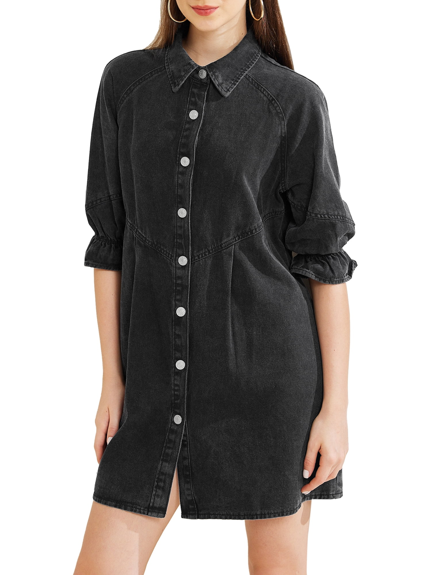 Women's Denim Shirt Dress - 3/4 Sleeve Babydoll Button Down Jean Dress