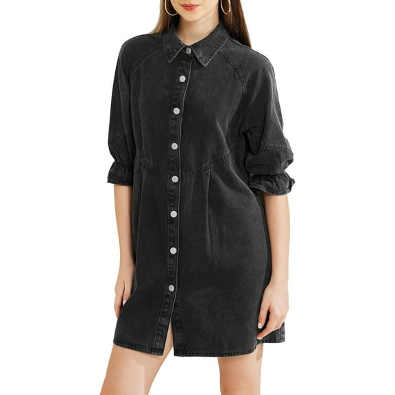 INSPIRE CHIC Women's 3/4 Lantern Sleeve Button Down Mini Denim Shirt Dresses