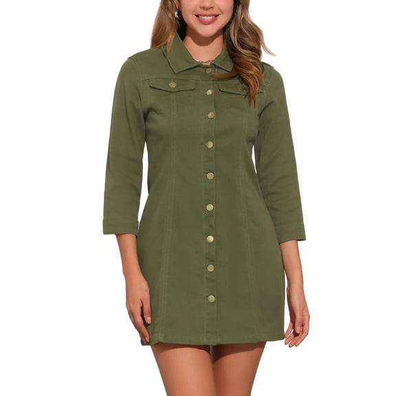 INSPIRE CHIC Women's Denim Dress 3/4 Sleeve Button Down Mini Jean Shirt Dress L Army Green