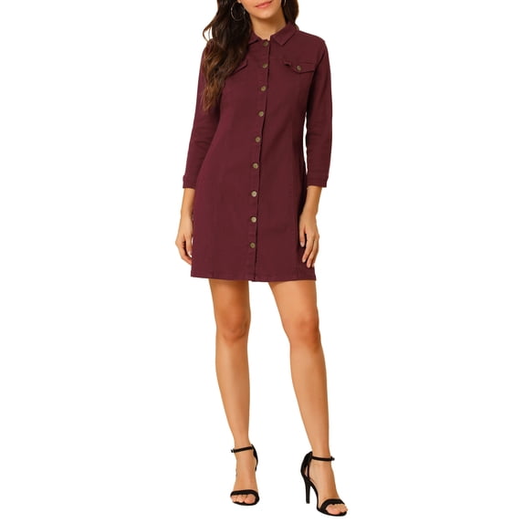 INSPIRE CHIC Women's Denim Dress 3/4 Sleeve Button Down Mini Jean Shirt Dress L Burgundy
