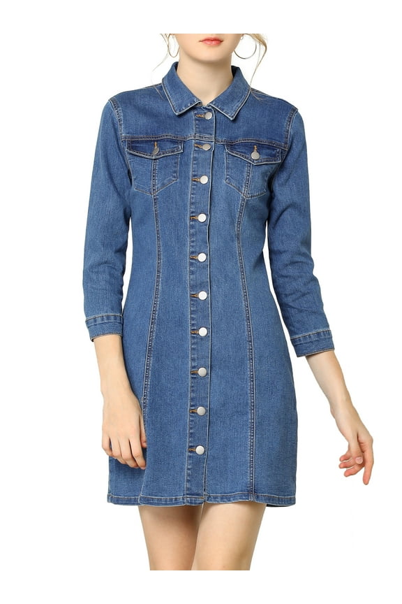 Women's Denim Dress 3/4 Sleeve Button Down Mini Jean Shirt Dress L Light Blue