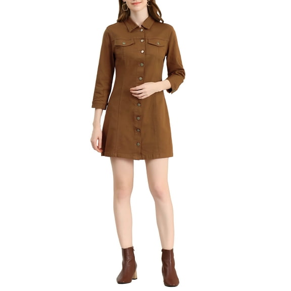 INSPIRE CHIC Women's Denim Dress 3/4 Sleeve Button Down Mini Jean Shirt Dress S Brown