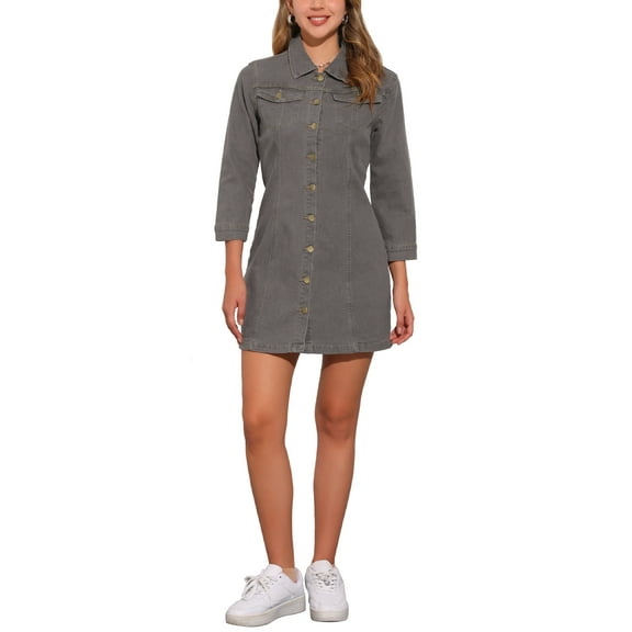 INSPIRE CHIC Women's Denim Dress 3/4 Sleeve Button Down Mini Jean Shirt Dress XL Grey