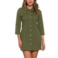 thumbnail image 1 of INSPIRE CHIC Women's Denim Dress 3/4 Sleeve Button Down Mini Jean Shirt Dress XS Army Green, 1 of 6