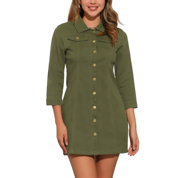INSPIRE CHIC Women's Denim Dress 3/4 Sleeve Button Down Mini Jean Shirt Dress XS Army Green