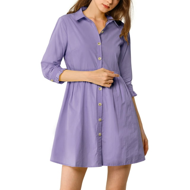 INSPIRE CHIC Women's 3/4 Sleeve Button Front Flare Mini Shirt Dress L Purple