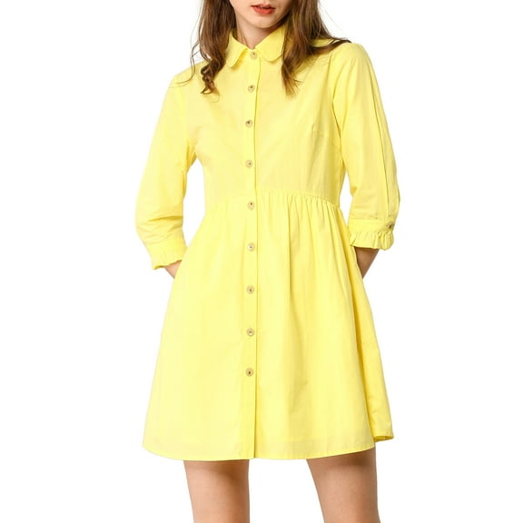 INSPIRE CHIC Women's Shirt Dress 3/4 Sleeve Button Down Mini Dresses XL Lemon Yellow