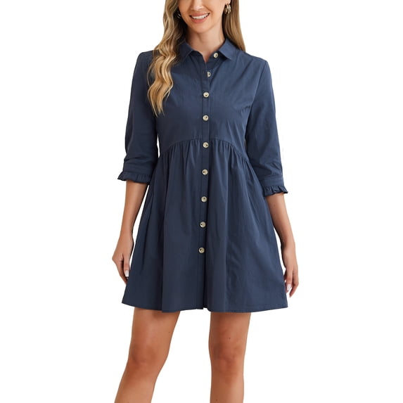 INSPIRE CHIC Women's Shirt Dress 3/4 Sleeve Button Down Mini Dresses Navy Blue XL
