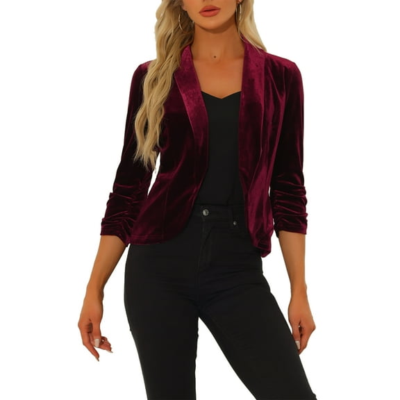 INSPIRE CHIC Valentine's Day Velvet Jackets for Women's 3/4 Sleeve Open Front Velvet Cardigan L Burgundy