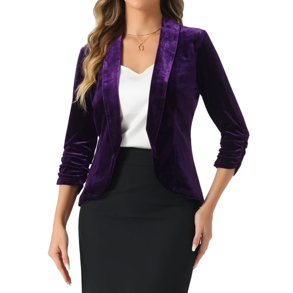 INSPIRE CHIC Valentine's Day Velvet Jackets for Women's 3/4 Sleeve Open Front Velvet Cardigan L Purple