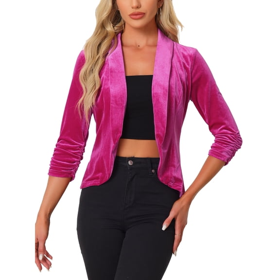 INSPIRE CHIC Valentine's Day Velvet Jackets for Women's 3/4 Sleeve Open Front Velvet Cardigan S Hot Pink