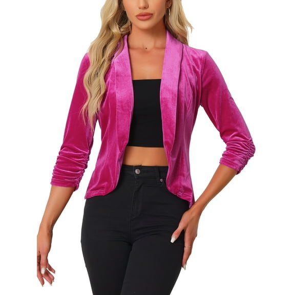INSPIRE CHIC Valentine's Day Velvet Jackets for Women's 3/4 Sleeve Open Front Velvet Cardigan XS Hot Pink