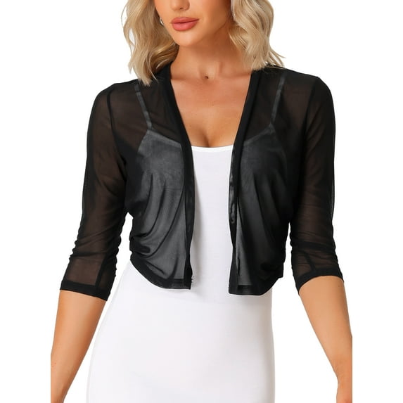 INSPIRE CHIC Mother's Day Women's Sheer Mesh Bolero Shrugs 3/4 Sleeve Lightweight Elegant Cropped Cardigan S Black