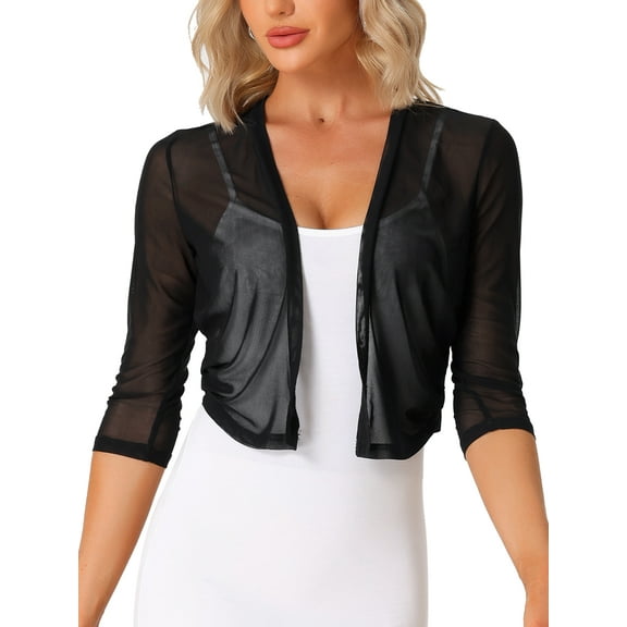 INSPIRE CHIC Women's Sheer Mesh Bolero Shrugs 3/4 Sleeve Lightweight Elegant Cropped Cardigan M Black