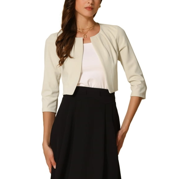 INSPIRE CHIC Women's 3/4 Sleeve Shrug Collarless Pleated Open Front Cropped Cardigan XS Apricot