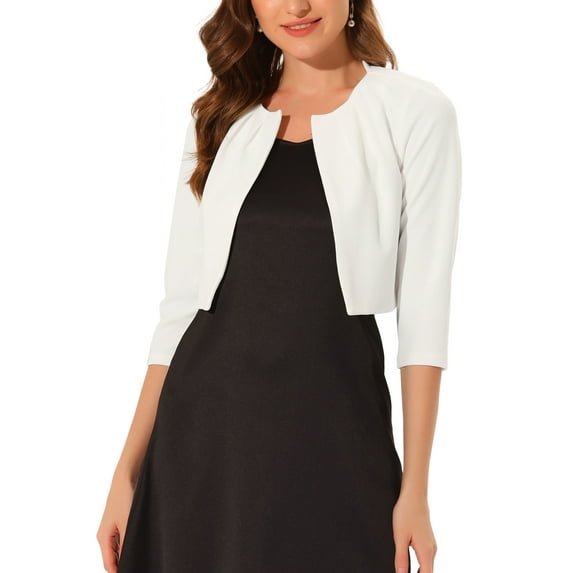 INSPIRE CHIC Women's 3/4 Sleeve Shrug Collarless Pleated Open Front Cropped Cardigan S White