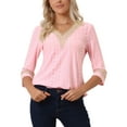 thumbnail image 1 of INSPIRE CHIC Women's Tops 3/4 Sleeves V Neck Casual Contrast Color Lace Trim Blouses M Light Pink, 1 of 5