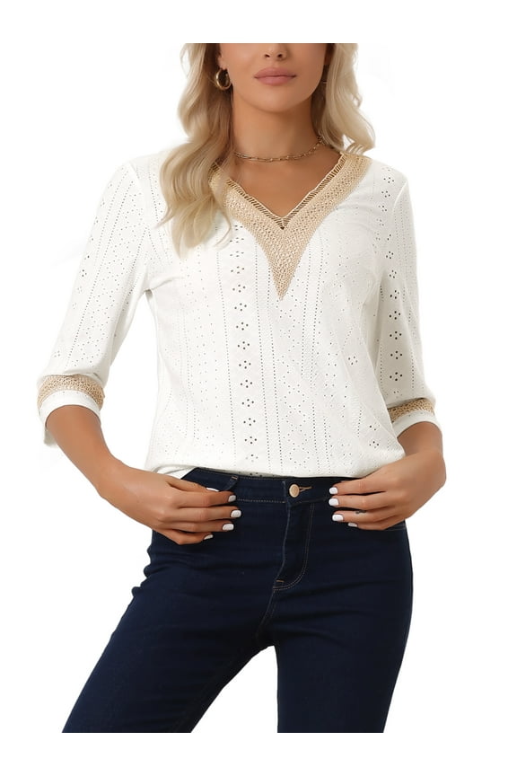 Women's Tops 3/4 Sleeves V Neck Casual Contrast Color Lace Trim Blouses S White