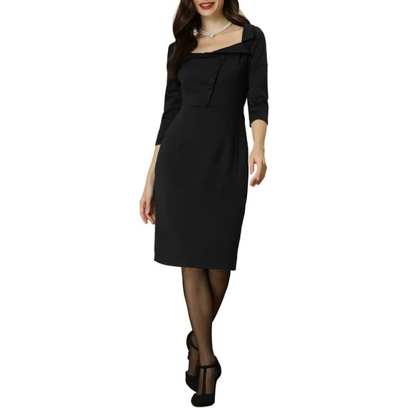 INSPIRE CHIC Women's 3/4 Sleeve Vintage Square Neck Elegant Formal Pencil Midi Dress L Black