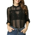thumbnail image 1 of INSPIRE CHIC Women's 3/4 Sleeves Ruffle Mock Neck Sheer Lace Tops S Black, 1 of 9