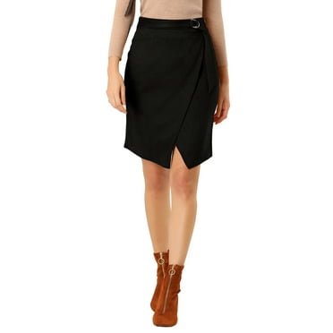 Allegra K Women's A-Line Front Slit Knee Length Wrap Faux Suede Skirt L Black