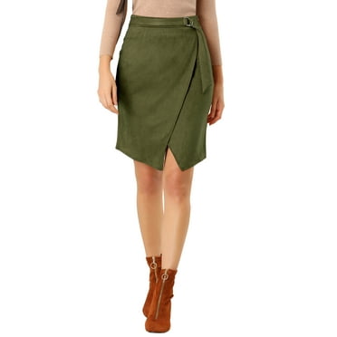 INSPIRE CHIC Women's A-Line Front Slit Knee Length Wrap Faux Suede Skirt M Dark Green