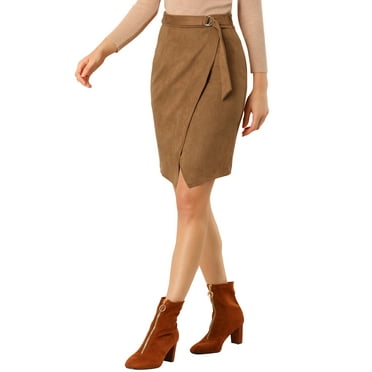 Allegra K Women's A-Line Front Slit Knee Length Wrap Faux Suede Skirt XS Brown