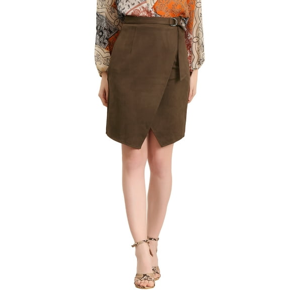 INSPIRE CHIC Women's A-Line Front Slit Knee Length Wrap Faux Suede Skirt XS Dark Brown