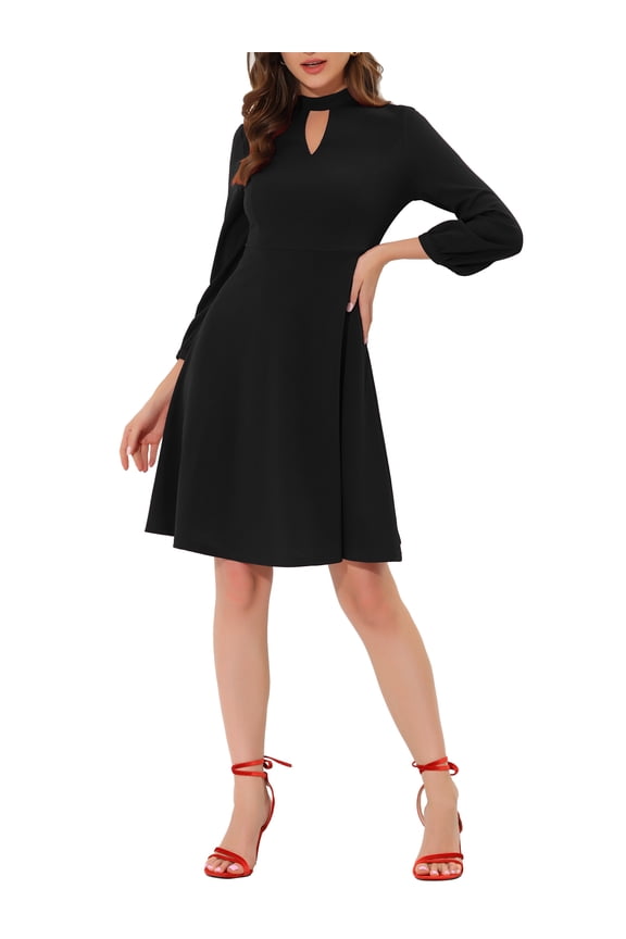 Women's A-Line Knit Keyhole Mock Neck Long Sleeve Midi Dress XL Black