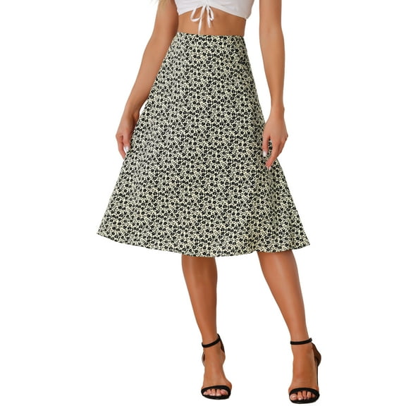 INSPIRE CHIC Women's A-Line Midi Skirt Floral Print Chiffon Vintage 2024 Summer Skirts M Apricot Black