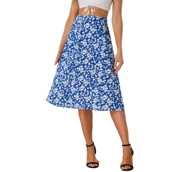 INSPIRE CHIC Women's A-Line Midi Skirt Floral Print Chiffon Vintage 2024 Summer Skirts XL Blue White
