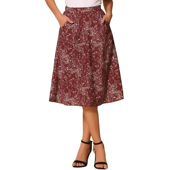 INSPIRE CHIC Women's A-Line Midi Skirt Floral Print Chiffon Vintage 2024 Summer Skirts XS Burgundy