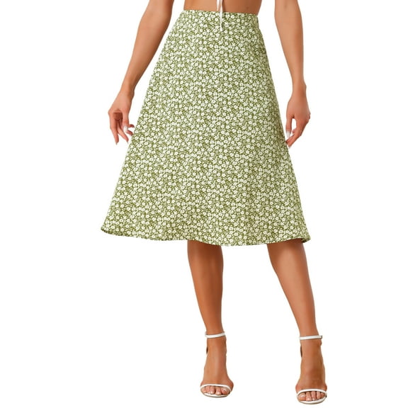 INSPIRE CHIC Women's A-Line Midi Skirt Floral Print Chiffon Vintage 2024 Summer Skirts XS Green White