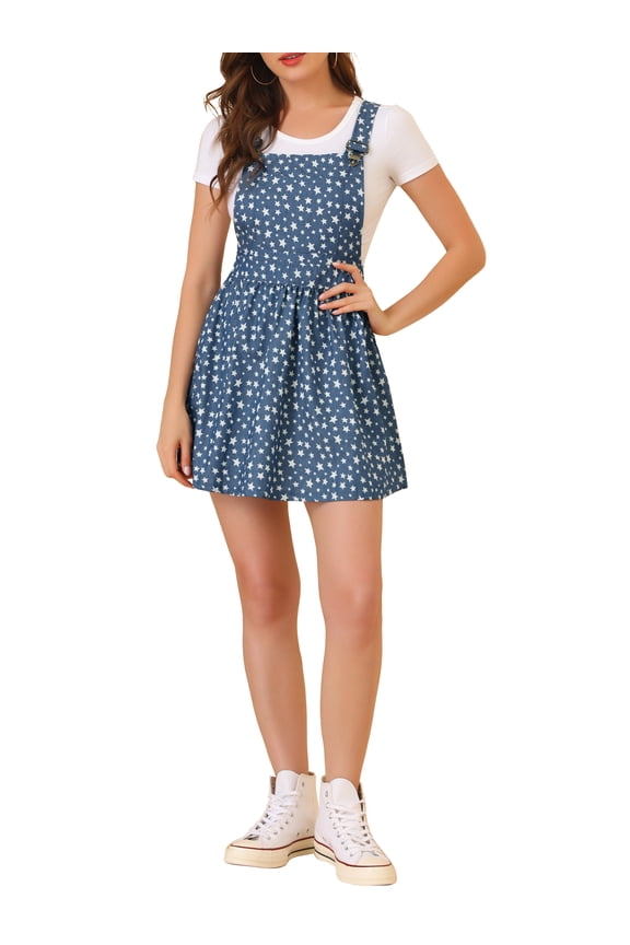 Women's Adjustable Shoulder Straps Cute Mini Overall Dress M Blue-Stars
