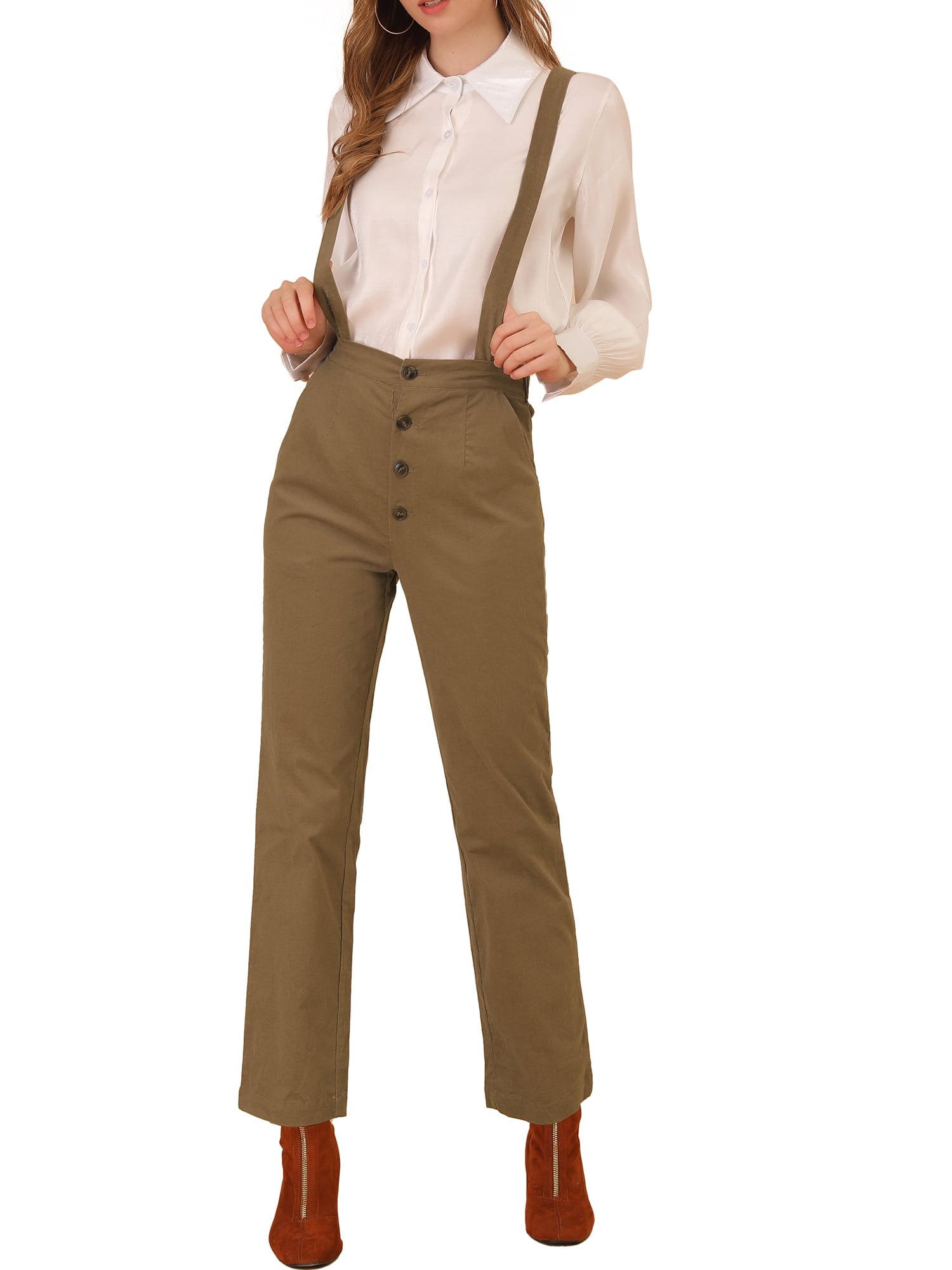 Allegra K Women's Adjustable Strap Belted Button High Waist Pants