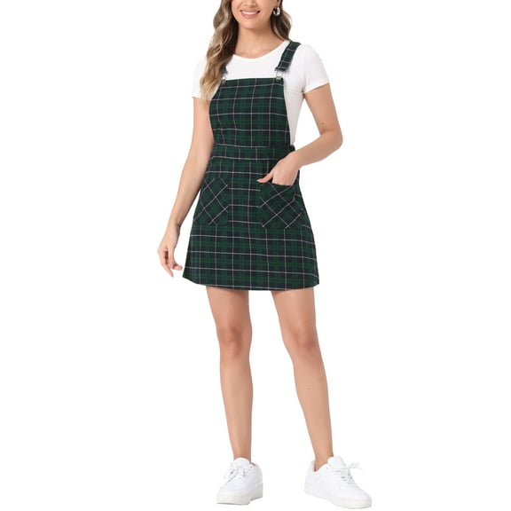 INSPIRE CHIC Women's Adjustable Strap Plaid Suspender Overall Dress L Blue-Green