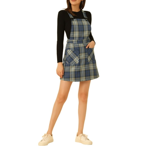 INSPIRE CHIC Women's Adjustable Strap Plaid Suspender Overall Dress M Blue
