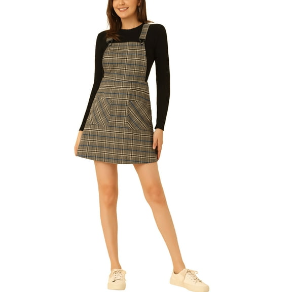 INSPIRE CHIC Women's Adjustable Strap Plaid Suspender Overall Dress S Apricot Blues
