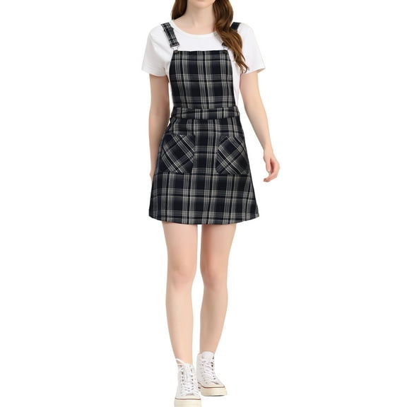 INSPIRE CHIC Women's Adjustable Strap Plaid Suspender Overall Dress S Blue-Apricot