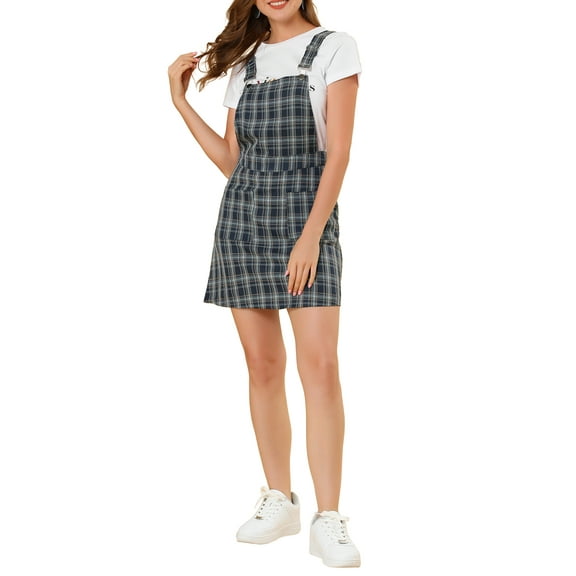 INSPIRE CHIC Women's Adjustable Strap Plaid Suspender Overall Dress S Blue-brown