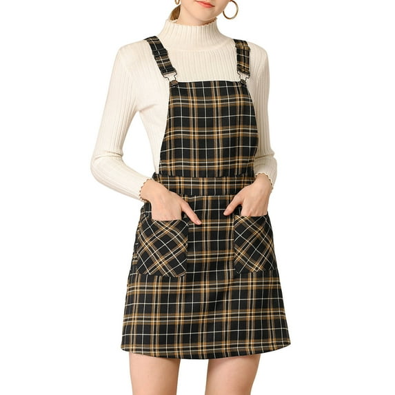 INSPIRE CHIC Women's Adjustable Strap Plaid Suspender Overall Dress XL Black-Brown