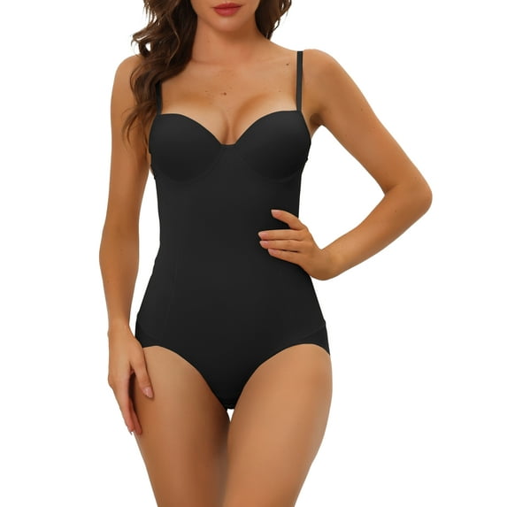 INSPIRE CHIC Women's Adjustable Straps Mesh Leotard Jumpsuit Tummy Control Bodysuit Shapewear with Bra M Black