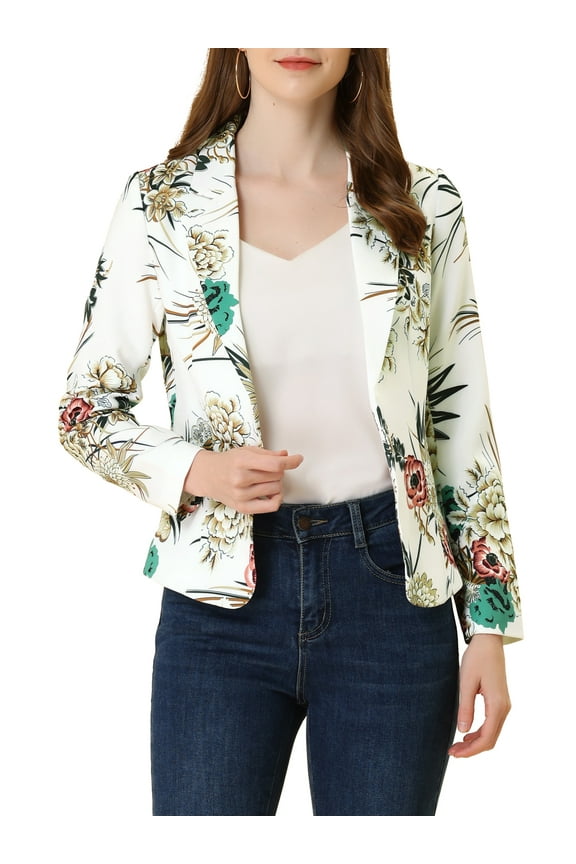 Women's Fitted Blazer Notch Lapel Printed Open Front Work Suit Jacket L White-Flower