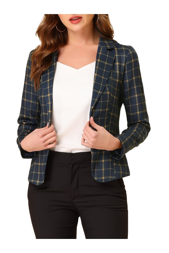 Women's Fitted Blazer Notch Lapel Printed Open Front Work Suit Jacket M Dark Blue-Grid