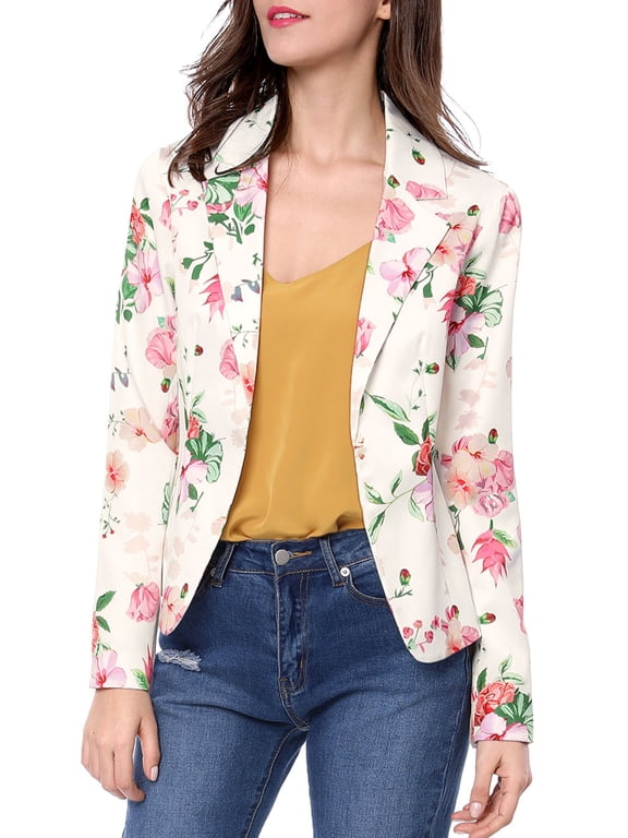 Women's Fitted Blazer Notch Lapel Printed Open Front Work Suit Jacket XL White-Floral