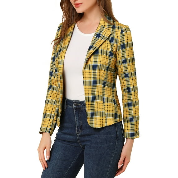 INSPIRE CHIC Women's Fitted Blazer Notch Lapel Printed Open Front Work Suit Jacket S Yellow-Plaid